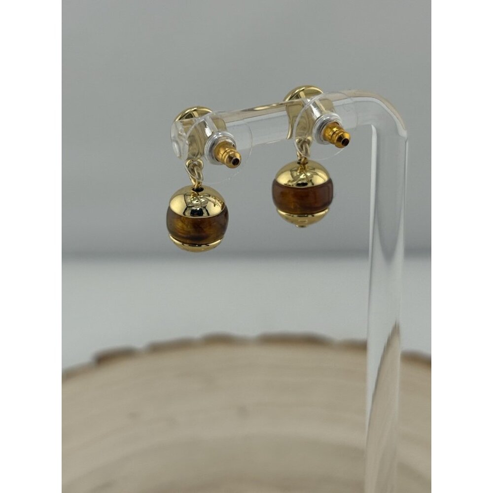 Gold Tone Tiger Eye Bead Drop Earrings Stud Dangle Vintage Style Costume Jewelry - Picture 3 of 6